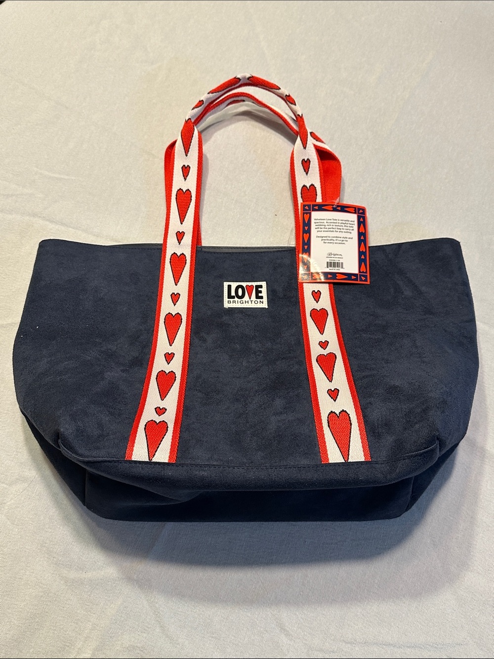 Brighton Navy Velveteen Tote with Red and White Heart-Strap Accents